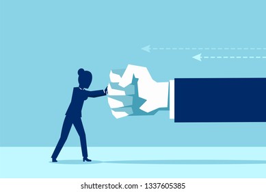 Vector Of A Woman Fighting Back A Giant Fist, Protecting Herself From Work Abuse Or Domestic Violence