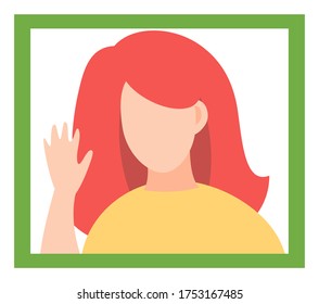Vector woman in flat style icon. Red-haired girl shows stop gesture or holds a greetings hand. Female wearing in yellow blouse isolated on white. Businesswoman or student, office worker or employee
