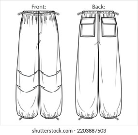 Vector woman fleece jogger technical drawing, utility style pants with waistband and side pockets detail fashion CAD, template, sketch, flat. Woman cargo trousers with front, back view, white color