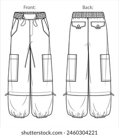 Vector de la mujer de paño grueso y suave jogger dibujo técnico, pantalones de estilo utilitario con cintura y bolsillos laterales detalle de moda CAD, Plantilla, boceto, plano. Pantalón cargo mujer con vista frontal, posterior, color blanco