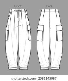 Vector woman fleece jogger technical drawing, utility style pants with waistband and side pockets detail fashion CAD, template, sketch, flat. Woman cargo trousers with front, back view, white color