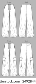 Vector woman fleece or linen jogger technical drawing, utility style pants with waistband and side pockets detail fashion CAD, template, sketch, flat. Woman trousers with front, back view, white color