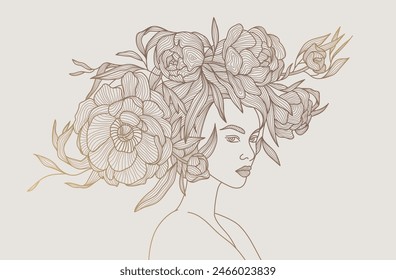 Mujer de Vector con flores en su ilustración de la cabeza. Línea retrato de belleza, diseño de moda. Peonías y dama gráfica femenina.