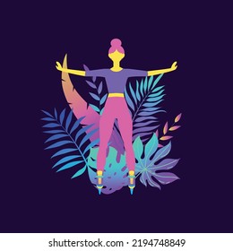 vector with a woman in full growth in roller skates. poster with a standing girl on roller skates and foliage in the background