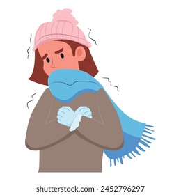 Vector woman get cold with jacket freezing illustration.