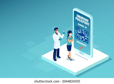 Vector Of A Woman Getting Coronavirus Vaccine And Mobile Phone With Covid-19 Passport 