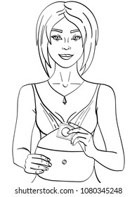 Vector woman getting ready for date and putting condom in handbag. isolated object on white background. book coloring, black lines