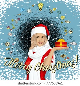 Vector woman with gift in her hand waiting for Christmas. Woman in Santa hat