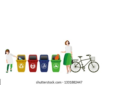 vector woman and girl stand beside recycle gabage on white background