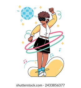 Ilustración aislada de la historieta de la realidad virtual del baile de las gafas de la mujer