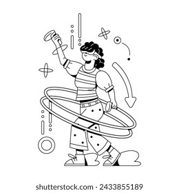 Ilustración aislada de la historieta de la realidad virtual de los controladores del juego de las gafas de la mujer del vector