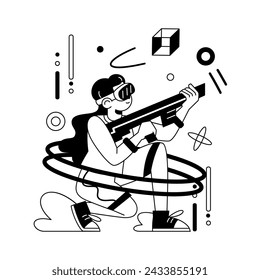 Vector Woman Glasses Playing Virtual Reality Cartoon Illustration Isolated