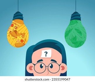 Vector of a woman in glasses question mark on forehead thinking looking up at junk food and green vegetables shaped as light bulb. Diet choice, nutrition healthy lifestyle