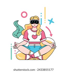 Vector Woman Glasses Relaxing Meditating Virtual Reality Cartoon Illustration Isolated