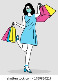 Vector of a woman to go shopping with many shopping bag and use mask in the new normal Covid-19 era.