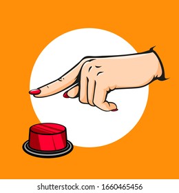 Vector woman hand drawn sketch cartoon illustration of human hand and finger, press red button, vector illustration isolated on orange background