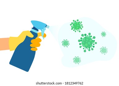 Vector of a woman hand in gloves spraying disinfectant solution to kill coronavirus 