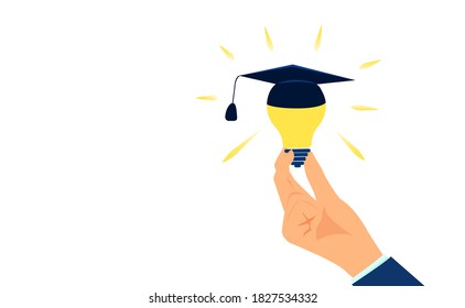 Vector of a woman hand holding bright light bulb with graduation cap