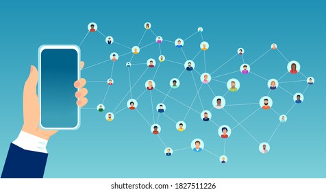 Vector of a woman hand holding smartphone connected to a large group of interconnect people