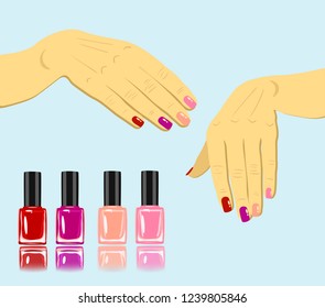 vector woman hands with fingernails and set of nail polish isolated