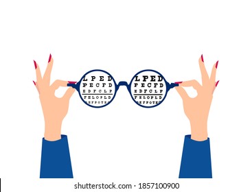 Vector of woman hands holding glasses with different lenses, blurred and clear 