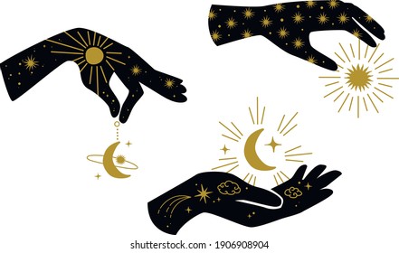 Vector Woman Hands Isolated On A White Background. Witchy Hands With Celestial Elements.
