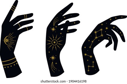 Vector woman hands on the white isolated background. Celestial moon sun stars elements