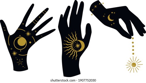 Vector woman hands on the white isolated background. Celestial moon sun stars elements.	