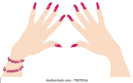 Vector Woman Hands With Red Fingernails And Ruby Bracelet