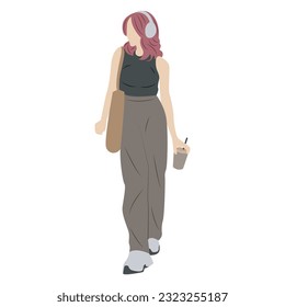 vector woman with headset and carrying coffee in casual style