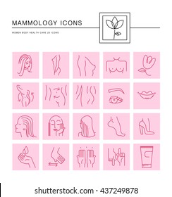 Vector woman health icons isolated on white background, beauty, cosmetic flat simple linear symbols. Girl, lady health care, body parts signs. Cosmetology, medicine icons.