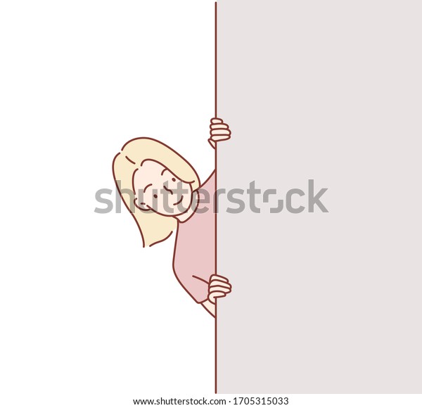 Vector of woman hiding behind wall. Hand\
drawn style vector design\
illustrations.
