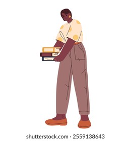 Vector woman holding books pile or literature stack. Female carry documents at office work. Student at library or person hold academic papers for research or study, information. Scholar task.Education