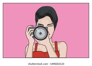 vector of woman holding camera and taking photos
