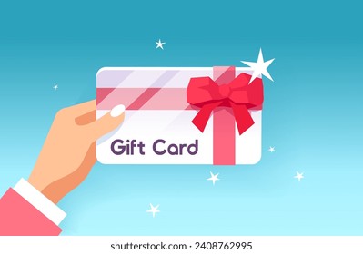 Vector of a woman holding a gift card with ribbon  