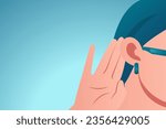 Vector of a woman holds her hand near ear and listens carefully isolated on blue background