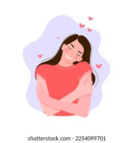 Vector woman hugging herself character.Love yourself. Love your body concept. Girl Healthcare Skincare. Take time for your self. Woman hugging herself with hearts on white background. Pastel pink cute