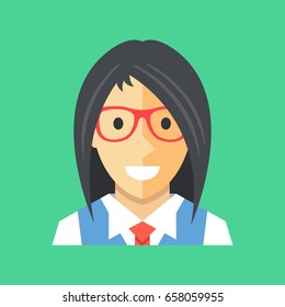 Vector woman icon. Businesswoman, office manager, banker, consultant avatar, profile concepts. Cute female character with long black hair wearing glasses, shirt, vest and tie. Modern flat icon