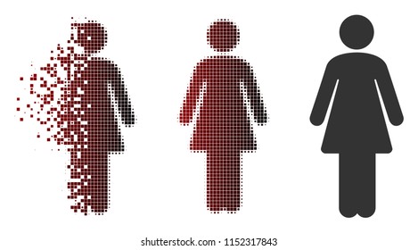 Vector woman icon in dispersed, pixelated halftone and undamaged whole versions. Disappearing effect involves rectangular scintillas and horizontal gradient from red to black.