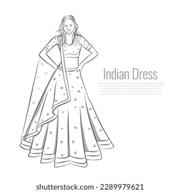 Vector woman illustration, Indian dress vector sketch, A line art of a tall lady