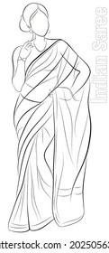 Vector Woman Illustration, Line Art Of Indian Lady Saree, Beautiful Line Drawing Of A Model