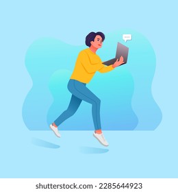  Vektorfrau springt mit Laptop-Illustration