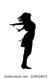 Vector woman lady girl silhouette with developing hair.Female body holding her hands back.Meditation.Calmness.Happy life with God. Peace of mind.Relaxation.Flying dream.Freedom.Keep calm.Flight. DIY