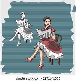 Vector Woman Lady Retro Reading Newspaper Old Vintage Illustration