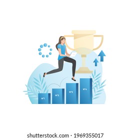 Mujer vectora con laptop, computadora sube la escalera de carrera, pasos, adhiere al plan de negocios, corre a la victoria, premio, trofeo. Promoción en el trabajo. Una exitosa chica se esfuerza por el gol.
