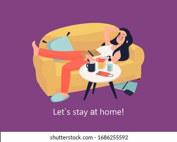 Vector woman lies on the couch with book at home and text Stay at home!