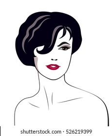 Vector woman linear portrait with dark short hairstyle. Elegant lady. Use for beauty salon logos, posters, prints, cards. Illustration.