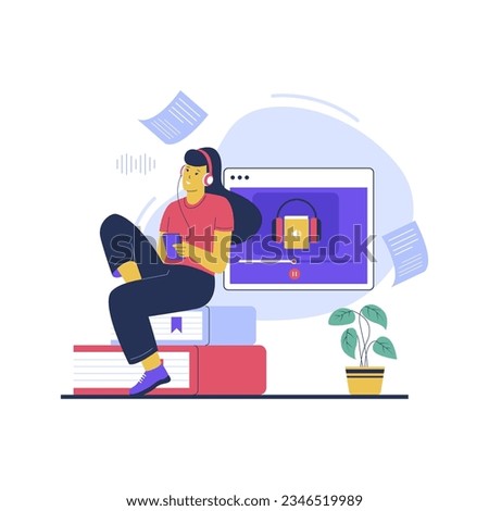 Vector of woman listening to online learning. Flat vector illustration isolated on white background