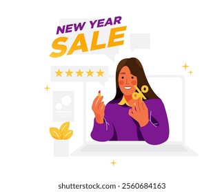 Vector of woman live streaming promote her lipstick on new year sale event