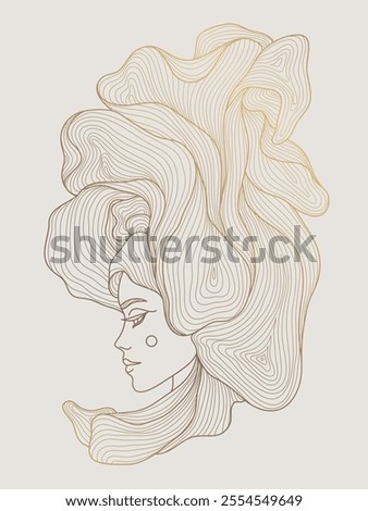 Vector woman logo face, art deco line beauty illustration. Golden hair fashion, spa care, cosmetic icon. Luxury feminine print 